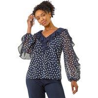 Roman Women's Petite Spot Print Frill Top in Navy | Size: 14