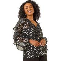 Roman Women's Petite Spot Print Frill Top in Black | Size: 14