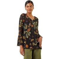 Roman Women's Floral Print V-Neck Top in Black | Size: 12
