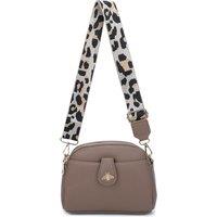 Fontanella Fashion Women's Monarch Bee Badge Multi-pocket Crossbody Bag with Leopard Canvas Strap in Taupe
