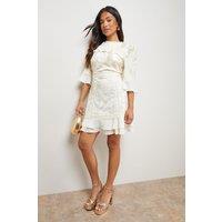 Oasis Women's Petite Chiffon Ruffle Lace Panel Mini Dress in Champagne | Size: 12