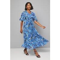 Wallis Women's Floral Print Pleated Cape Sleeve Midi Dress in Navy | Size: 14
