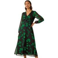 Roman Women's Floral Frill Chiffon Midi Dress in Green | Size: 12