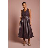 Coast Women's Petite V Neck Sleeveless PU Dress With Belt in Oxblood | Size: 10