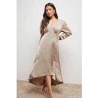 Oasis Women's Petite Satin Puff Sleeve V Neck High Low Hem Midi Dress in Mink | Size: 8