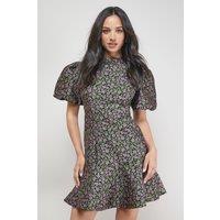 Oasis Women's Floral Jacquard High Neck Puff Sleeve Peplum Mini Dress in Black | Size: 8