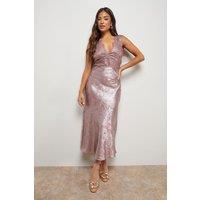 Oasis Women's Petite Metallic Lace Detail Midi Slip Dress in Rose | Size: 8