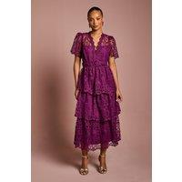 Coast Women's Petite Short Sleeve V Neck Tiered Lace Midi Dress in Plum | Size: 10