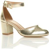 AJVANI Women's Mid Block Heel Ankle Strap 2 Part Heels in Metallic Gold | Size: 4