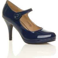 AJVANI Women's High Slim Heel Mary Jane Patent Court Shoes in Navy | Size: 8