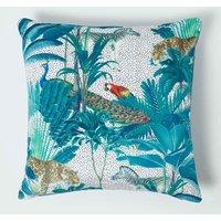 Homescapes Teal Jungle & Parrot Velvet Cushion 46 x 46 cm