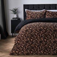 OHS Leopard Sherpa Fleece Reversible Duvet Cover Set with Pillowcase in Natural | Size: Single
