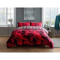 Snug City Duvet Cover & Pillowcase Set Reversible Rose & Stripe Design Polycotton Bed Linen in Red | Size: Single