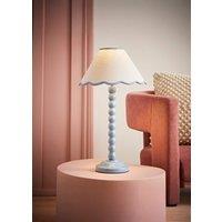 ValueLights Bobbins Powder Blue Table Lamp with Tapered Natural Linen Scallop Shade & Bulb in Pale Blue