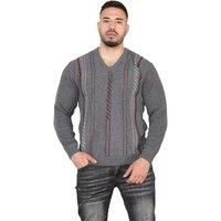 MyShoeStore Men's Striped V-Neck Knitted Pullover Jumper in Charcoal | Size: 3XL