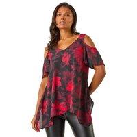 Roman Women's Floral Print Cold Shoulder Asymmetric Top in Red | Size: 14