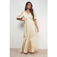 Oasis Women's Satin Puff Sleeve V Neck Fishtail Maxi Dress in Champagne | Size: 12