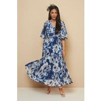 Wallis Women's Petite Floral Print Pleated Cape Sleeve Midi Dress in Navy | Size: 12