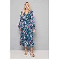 Wallis Women's Petite Floral Ruffle Belted Midaxi Dress in Green | Size: 16