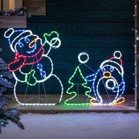 Christow Snowman Penguin Christmas Light Animated LED Snow Fight Decoration 87cm x 135cm | Size: 87 cm x 135 cm