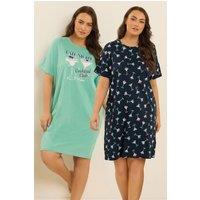 Yours Women's 2 Pack Cocktail Print Sleep Tee Nightdresses in Green | Size: 30-32