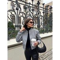OUTTA BOX Women's Short Woolen Bomber Jaket Long Sleeve Outerwear for Fall in Dark Grey | Size: Large