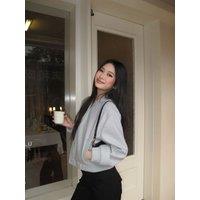 OUTTA BOX Women's Short Woolen Bomber Jaket Long Sleeve Outerwear for Fall in Light Grey | Size: Medium