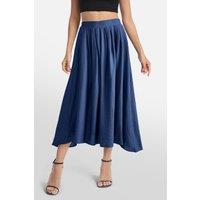 MODISHION Women's High Waist A-line Midi Skirt with Partially Elastic Waistband & Pockets in Dark Blue | Size: 2XL