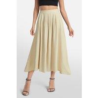 MODISHION Women's High Waist A-line Midi Skirt with Partially Elastic Waistband & Pockets in Khaki | Size: XL