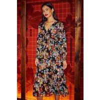 Yumi Women's Black Floral & Foil Ruched Midi Dress With Split Hemline | Size: 8