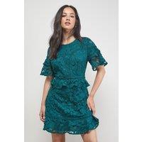 Oasis Women's Lace Trim Detail Frill Sleeve Mini Dress in Green | Size: 12