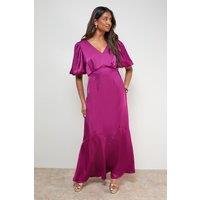 Oasis Women's Satin Puff Sleeve V Neck Fishtail Maxi Dress in Fuchsia | Size: 8