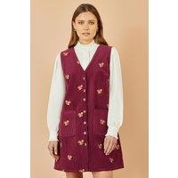 Yumi Women's Burgundy Squirrel Embroidered Button Up Pinafore Dress | Size: 16