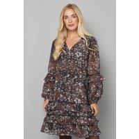 Wallis Women's PETITE ABSTRACT PRINT EMBELLISHED RUFFLE SHIFT DRESS in Chocolate | Size: 10