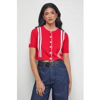 Warehouse Women's Mini Stripe Button Through Cardigan in Red | Size: Large