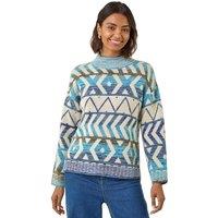 Roman Women's Aztec High Neck Knit Jumper in Blue | Size: 16