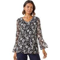 Roman Women's Floral Print V-Neck Top in Black | Size: 18