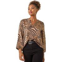 Roman Women's Animal Print V-Neck Shirt in Tan | Size: 12