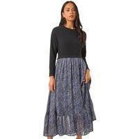 Roman Women's Petite Contrast Tiered Midi Dress in Black | Size: 16