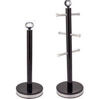Geepas Retrovive Mug Tree & Towel Pole Set Carbon Steel Material Non-Slip Base in Black