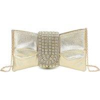 Fontanella Fashion Women's Virelline Tie Shape Flap Zip Top Diamante Clutch Bag in Gold