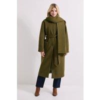 Dorothy Perkins Women's Belted Round Neck Scarf Coat in Olive | Size: 12