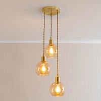 ValueLights Bellamy Amber Glass Globe 3 Drop Cluster Gold Ceiling Pendant Light with Bulbs