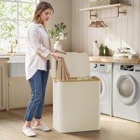 SONGMICS Extra Large 3-Section Collapsible Laundry Hamper Oxford Bamboo Handles in White