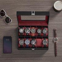 SONGMICS Watch Case with 10 Slots Glass Lid & Metal Clasp in Red