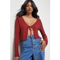 Warehouse Women's Burgundy Crinkle Sheer Tie Detail Cardigan | Size: Small