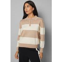 Wallis Women's Collared Polo Striped Jumper in Camel | Size: XL