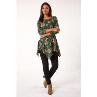 Roman Women's Floral Print Hanky Hem Stretch Top in Green | Size: 14