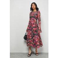 Warehouse Women's Burnout Floral Chiffon Slash Neck Bias Midi Dress in Black | Size: 12