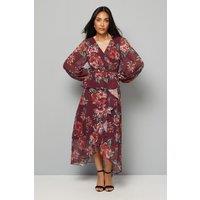 Wallis Women's Petite Floral Ruffle Peplum Midi Dress in Wine | Size: 8
